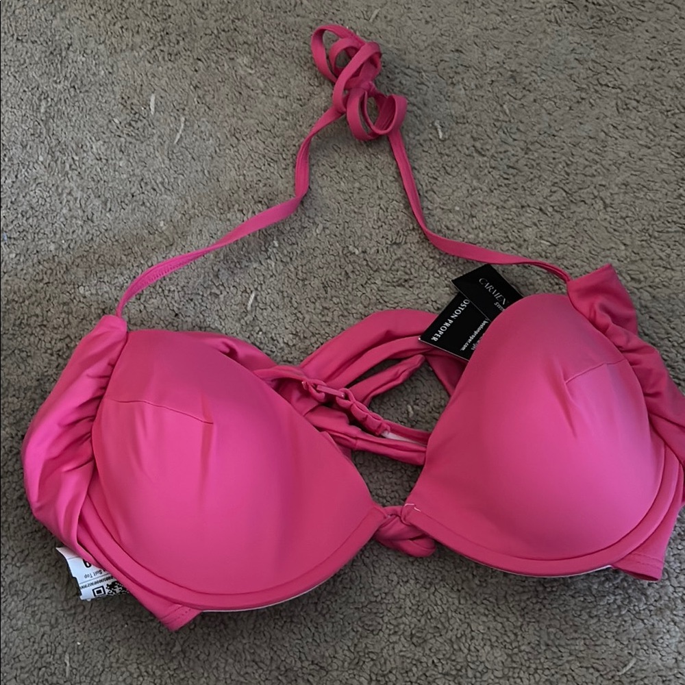 Boston Proper Pink Bikini Halter Top with Ruched Detail 009